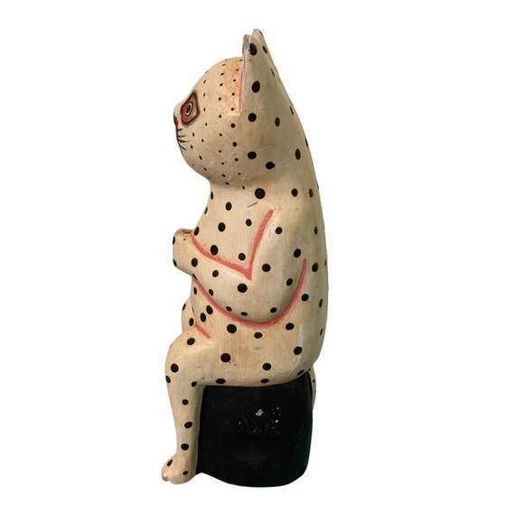 Wood Folk Art Polka Dot Cat Figurine With Red Details - Picture 2 of 6